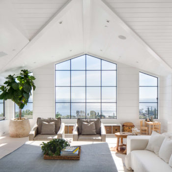 Bright and airy living room featuring Euroline Steel Curtain Wall Windows, with an impressive two-story high glass wall framed in sleek black steel, offering expansive views of the landscape. The interior is styled with neutral tones, comfortable seating, and vibrant greenery, creating a serene and inviting space.