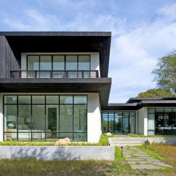 Modern architectural home featuring Euroline Steel Curtain Wall Windows, with expansive glass panels set in sleek black frames that enhance the minimalist design. The house integrates indoor and outdoor living spaces seamlessly, surrounded by a natural, landscaped setting.