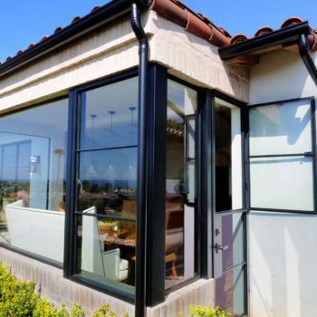 Euroline Steel Windows and Doors specialty door with a picturesque poolside view.
